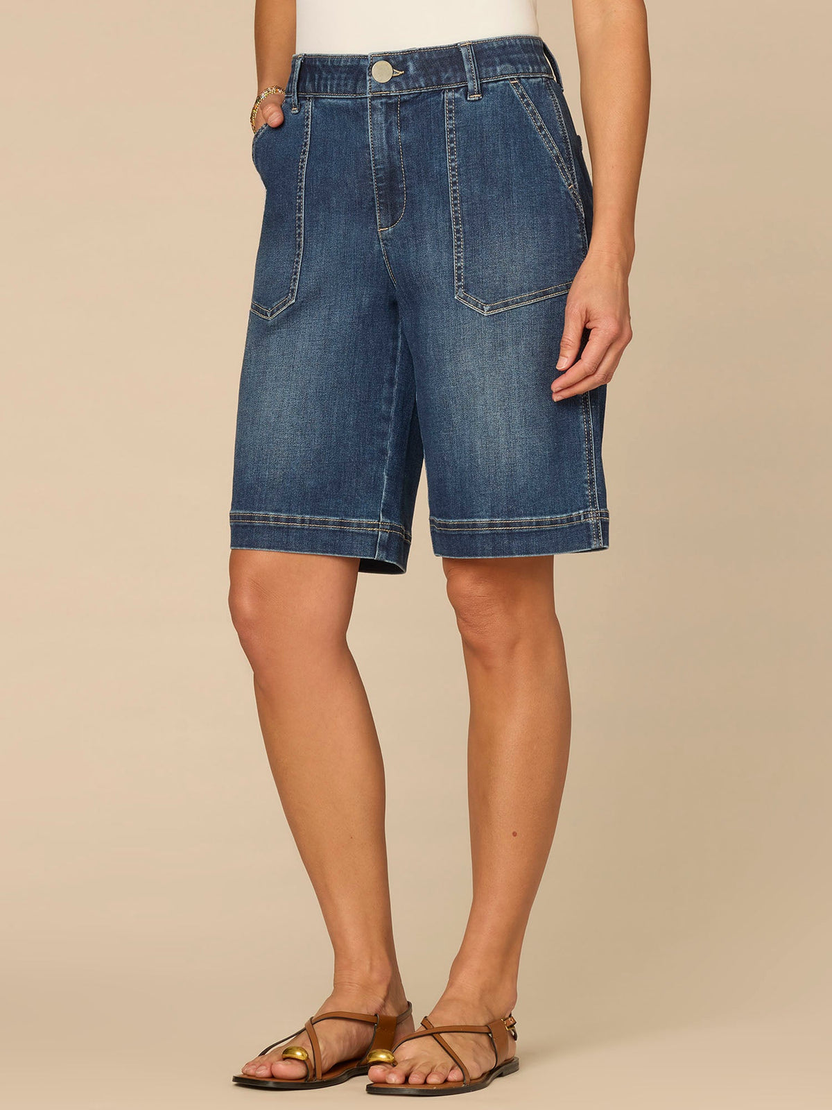 Democracy Clothing “Ab”solution® Skyrise Patch Pocket Embroidered Bermuda Short with Loop - Blue Denim