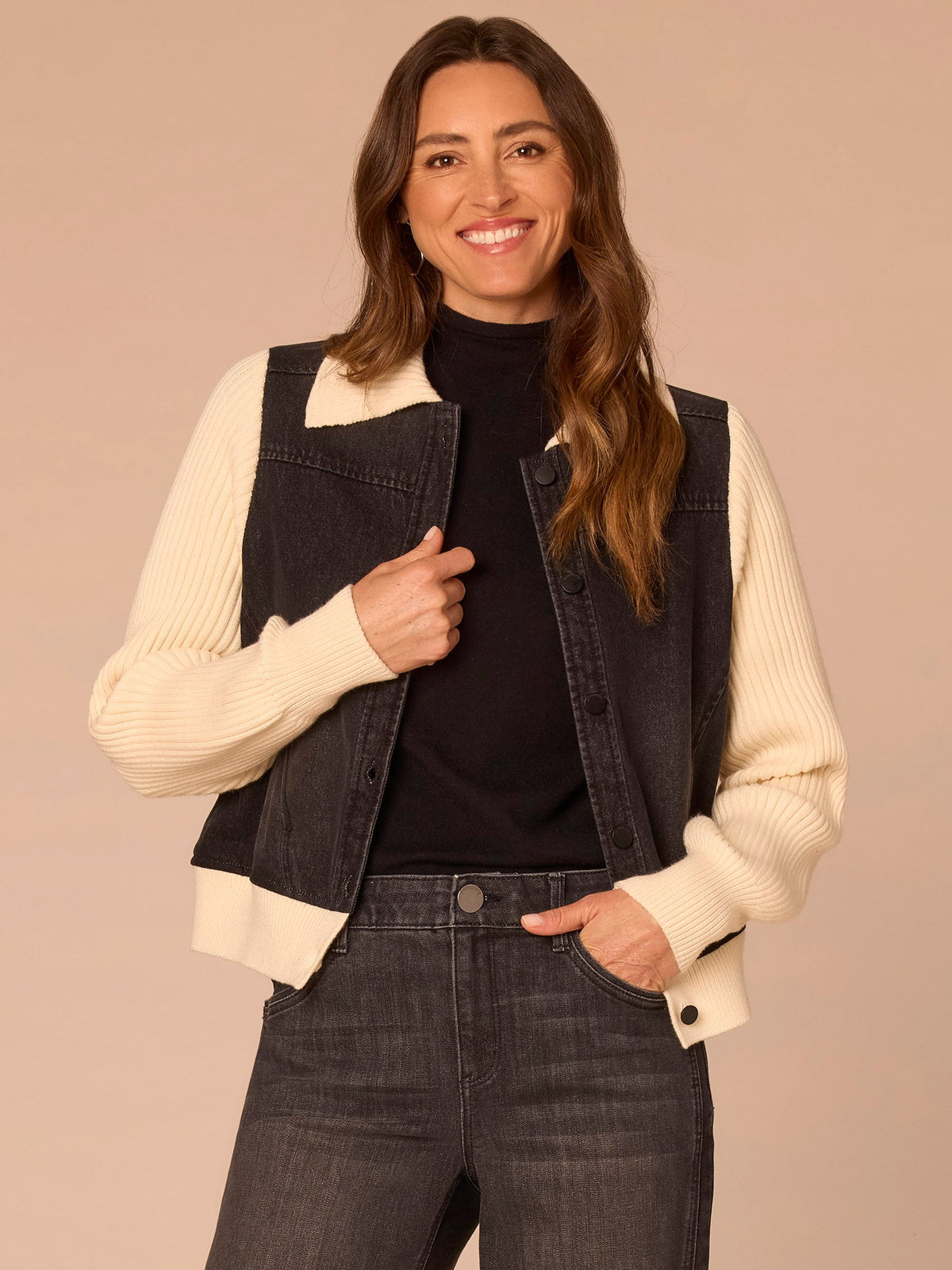 Democracy Clothing Long Banded Sleeve Collared Button Down Mixed Media Denim Jacket - Black Ecru