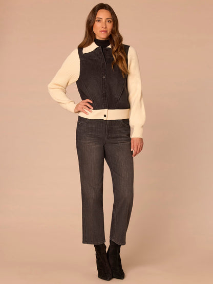 Democracy Clothing Long Banded Sleeve Collared Button Down Mixed Media Denim Jacket - Black Ecru