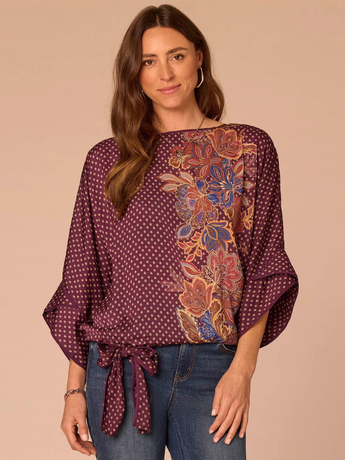 Democracy Clothing Three Quarter Origami Dolman Sleeve Boat Neck Printed Woven Top - Fig Jam Multi