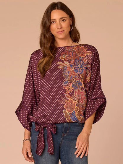 Democracy Clothing Three Quarter Origami Dolman Sleeve Boat Neck Printed Woven Top - Fig Jam Multi