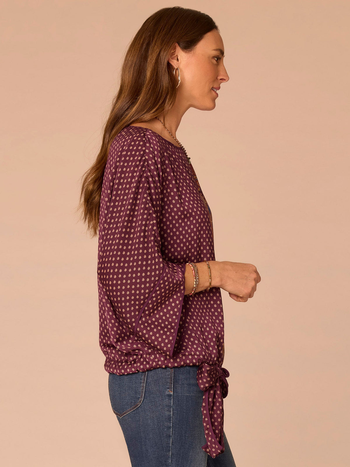 Democracy Clothing Three Quarter Origami Dolman Sleeve Boat Neck Printed Woven Top - Fig Jam Multi