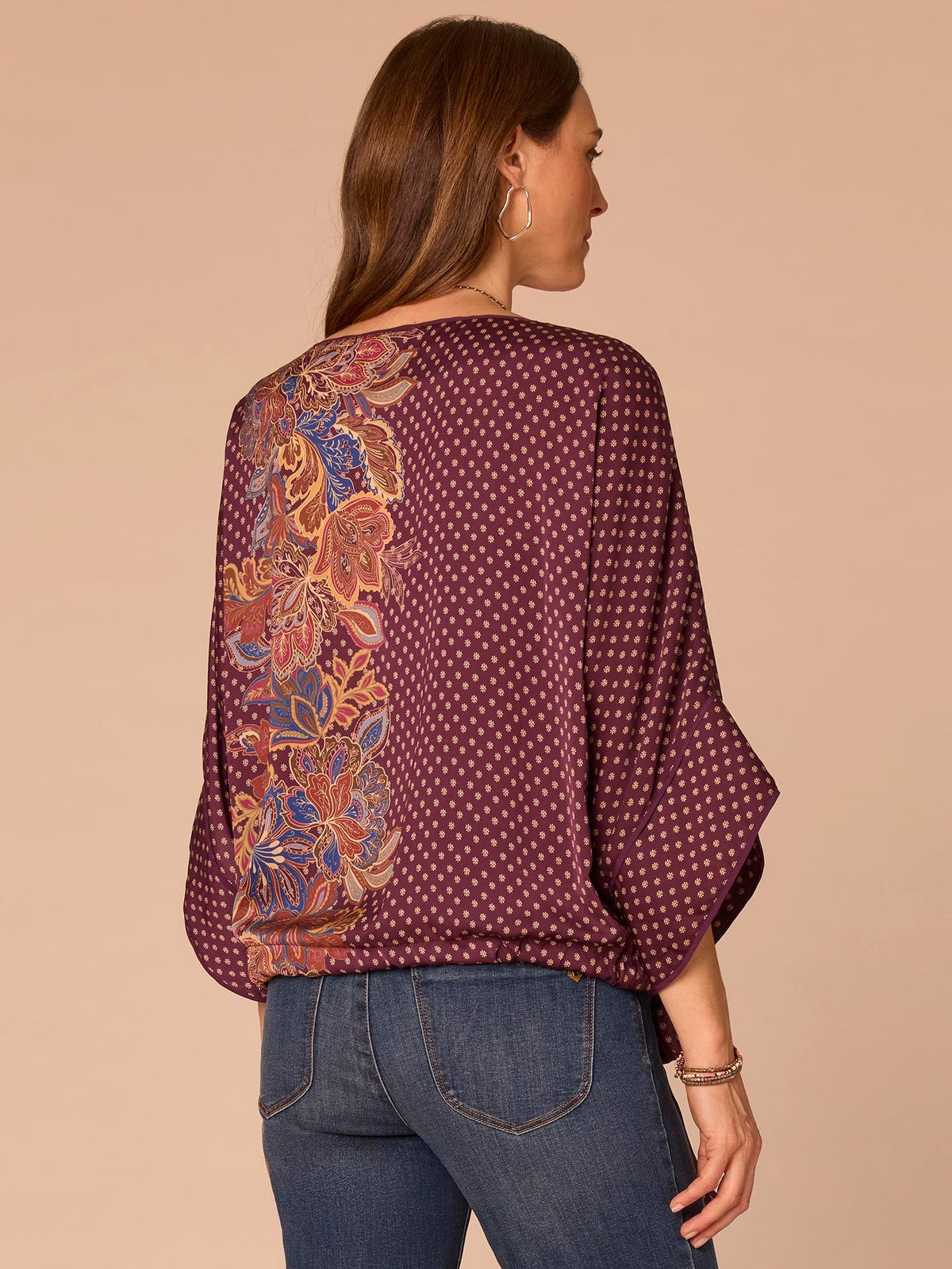 Democracy Clothing Three Quarter Origami Dolman Sleeve Boat Neck Printed Woven Top - Fig Jam Multi