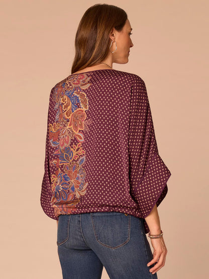 Democracy Clothing Three Quarter Origami Dolman Sleeve Boat Neck Printed Woven Top - Fig Jam Multi