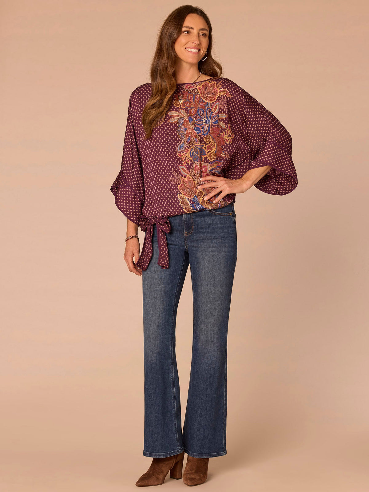 Democracy Clothing Three Quarter Origami Dolman Sleeve Boat Neck Printed Woven Top - Fig Jam Multi