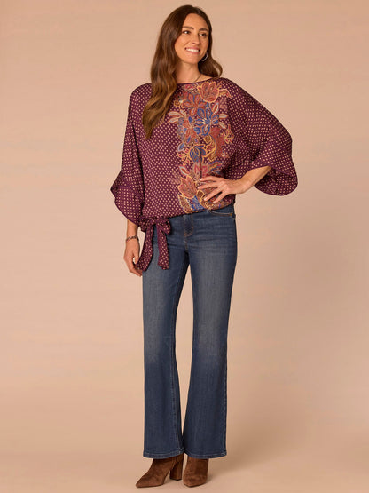 Democracy Clothing Three Quarter Origami Dolman Sleeve Boat Neck Printed Woven Top - Fig Jam Multi