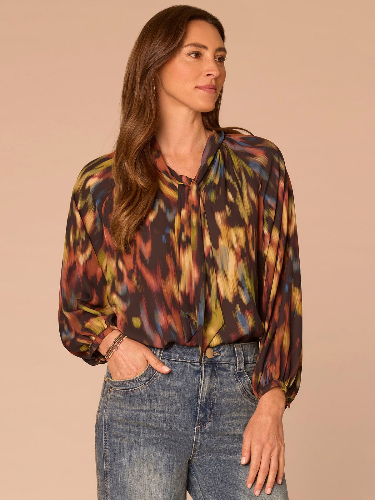 Democracy Clothing Long Sleeve Stand Collar Split Neck Self Tie Printed Petite Woven Top - Black Multi Print