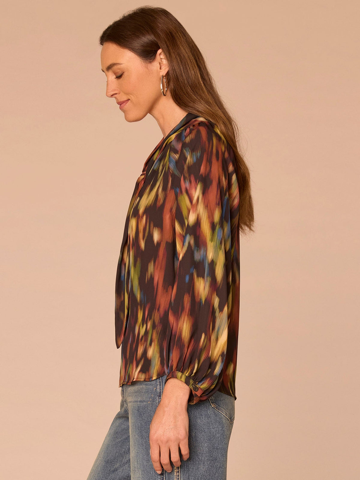 Democracy Clothing Long Sleeve Stand Collar Split Neck Self Tie Printed Petite Woven Top - Black Multi Print