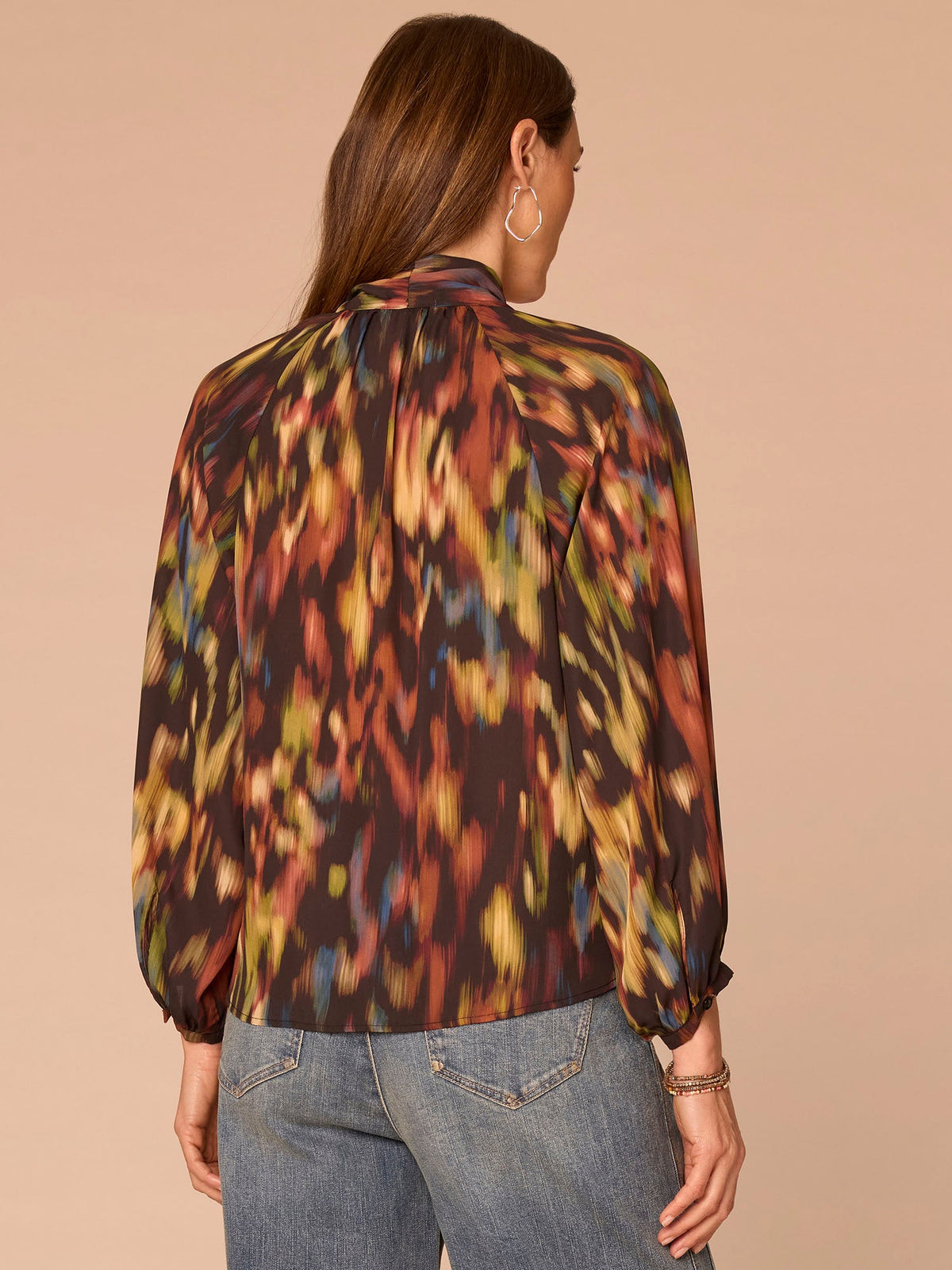 Democracy Clothing Long Sleeve Stand Collar Split Neck Self Tie Printed Petite Woven Top - Black Multi Print