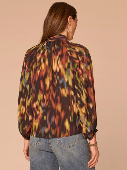 Democracy Clothing Long Sleeve Stand Collar Split Neck Self Tie Printed Petite Woven Top - Black Multi Print