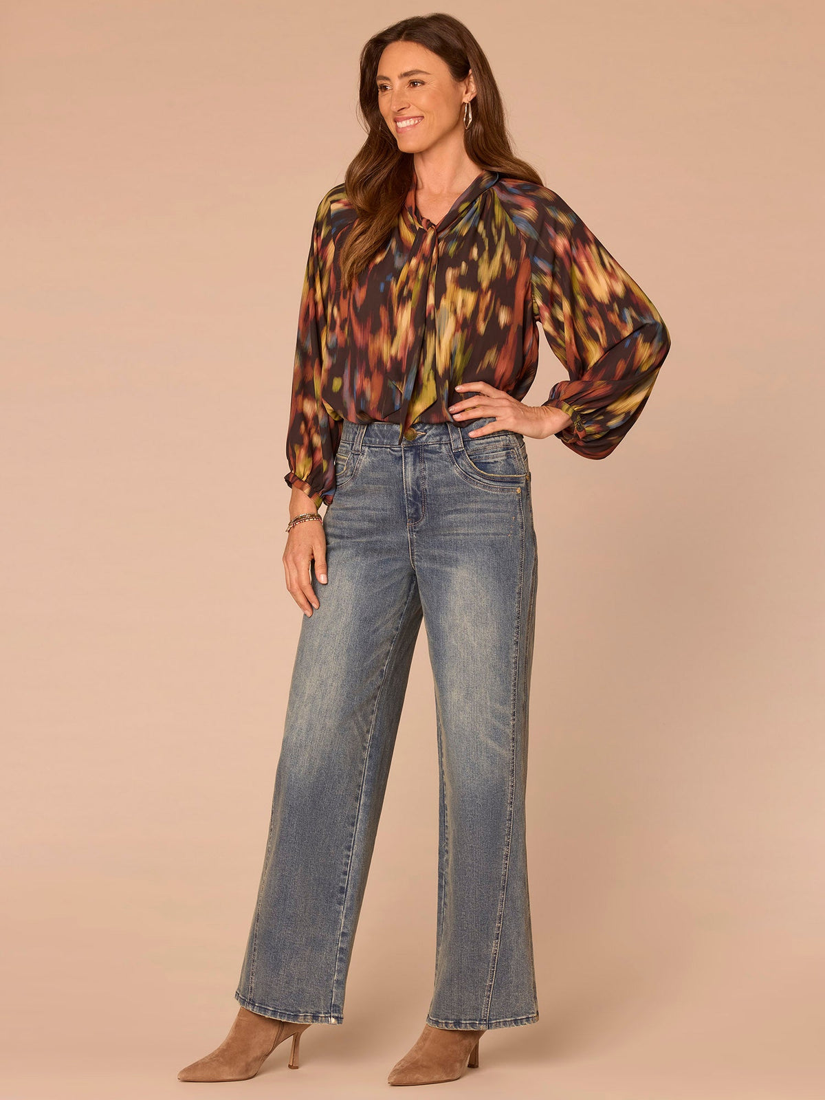 Democracy Clothing Long Sleeve Stand Collar Split Neck Self Tie Printed Petite Woven Top - Black Multi Print