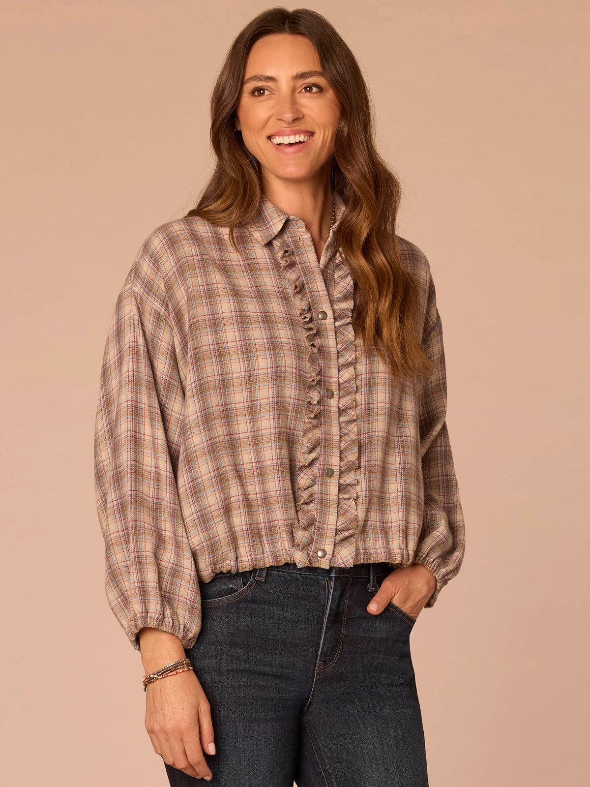 Democracy Clothing Long Blouson Sleeve Ruffle Placket Bubble Hem Plaid Petite Shacket - Stone Blue Mint Multi