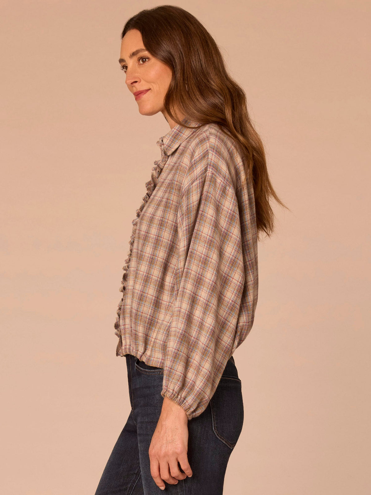 Democracy Clothing Long Blouson Sleeve Ruffle Placket Bubble Hem Plaid Petite Shacket - Stone Blue Mint Multi
