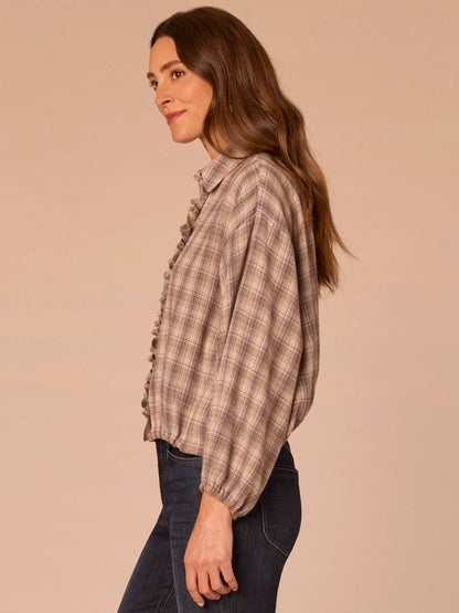 Democracy Clothing Long Blouson Sleeve Ruffle Placket Bubble Hem Plaid Petite Shacket - Stone Blue Mint Multi