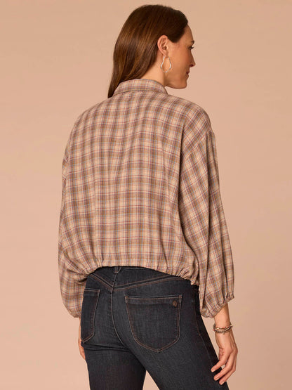 Democracy Clothing Long Blouson Sleeve Ruffle Placket Bubble Hem Plaid Petite Shacket - Stone Blue Mint Multi
