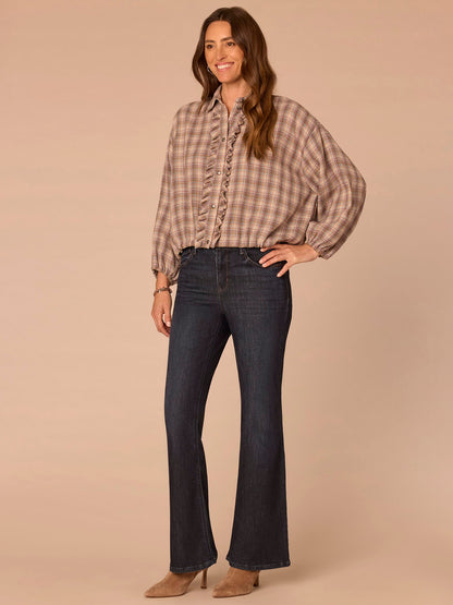 Democracy Clothing Long Blouson Sleeve Ruffle Placket Bubble Hem Plaid Petite Shacket - Stone Blue Mint Multi