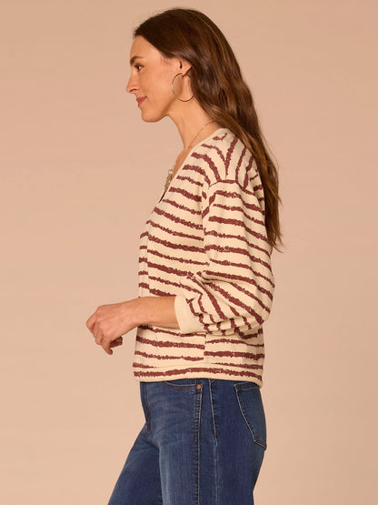 Democracy Clothing Three Quartrer Sleeve V-Neck Tie Hem Knit Top with Jacquard Bands - Birch Burnt Henna|Celadon Black|Natural Ocean Teal