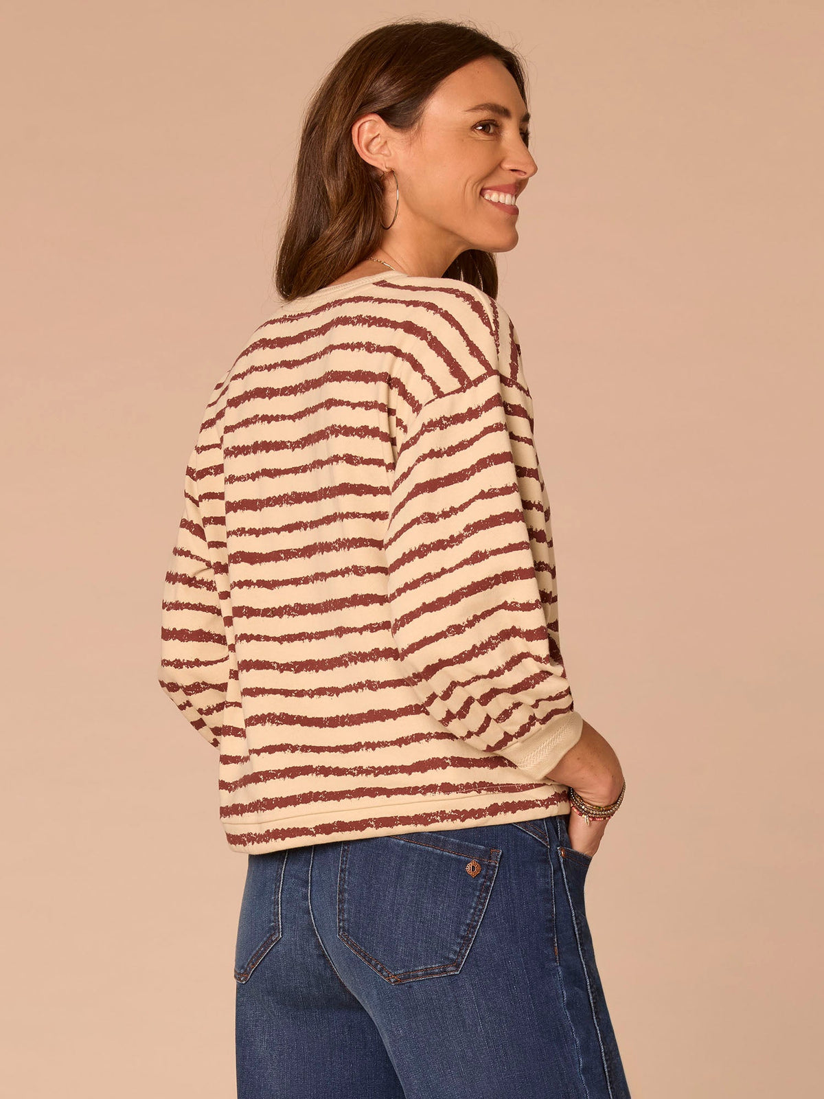 Democracy Clothing Three Quartrer Sleeve V-Neck Tie Hem Knit Top with Jacquard Bands - Birch Burnt Henna|Celadon Black|Natural Ocean Teal