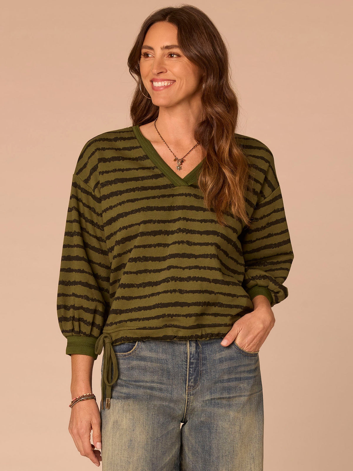 Democracy Clothing Three Quartrer Sleeve V-Neck Tie Hem Knit Top with Jacquard Bands - Birch Burnt Henna|Celadon Black|Natural Ocean Teal
