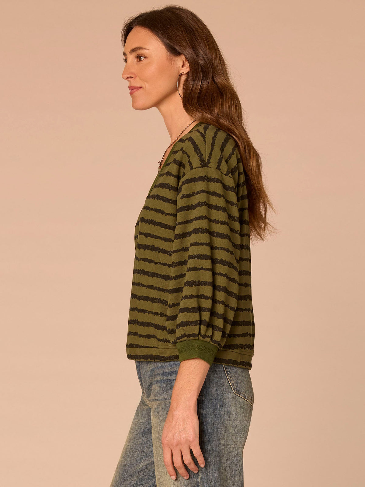 Democracy Clothing Three Quartrer Sleeve V-Neck Tie Hem Knit Top with Jacquard Bands - Birch Burnt Henna|Celadon Black|Natural Ocean Teal