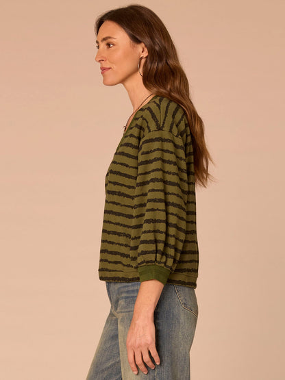 Democracy Clothing Three Quartrer Sleeve V-Neck Tie Hem Knit Top with Jacquard Bands - Birch Burnt Henna|Celadon Black|Natural Ocean Teal