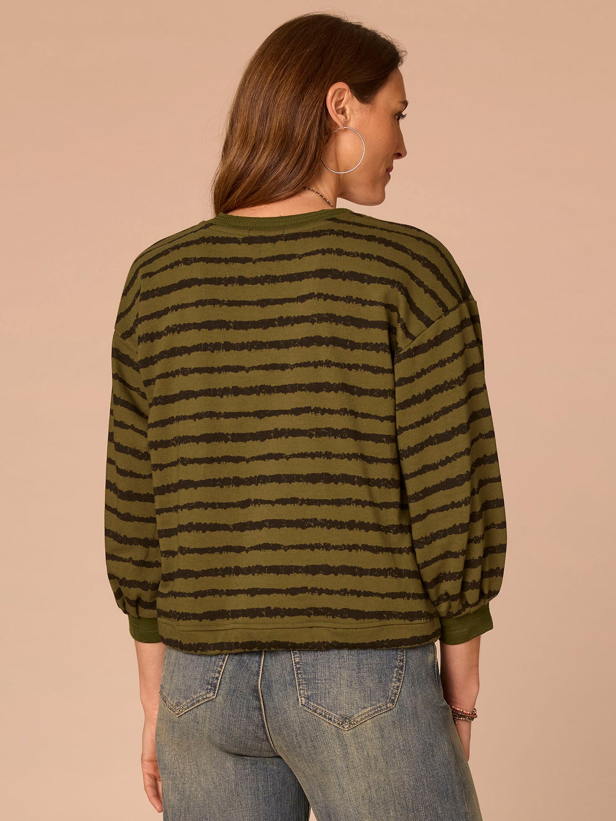 Democracy Clothing Three Quartrer Sleeve V-Neck Tie Hem Knit Top with Jacquard Bands - Birch Burnt Henna|Celadon Black|Natural Ocean Teal