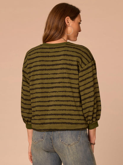 Democracy Clothing Three Quartrer Sleeve V-Neck Tie Hem Knit Top with Jacquard Bands - Birch Burnt Henna|Celadon Black|Natural Ocean Teal