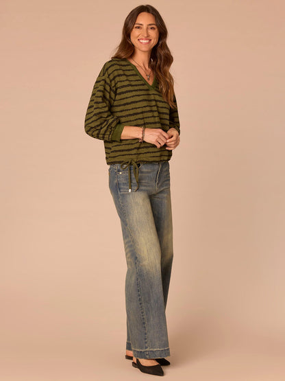Democracy Clothing Three Quartrer Sleeve V-Neck Tie Hem Knit Top with Jacquard Bands - Birch Burnt Henna|Celadon Black|Natural Ocean Teal