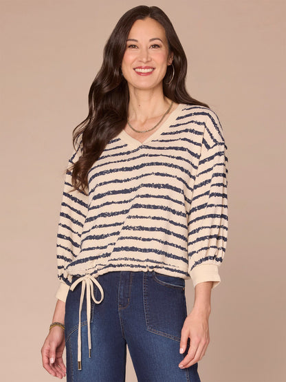 Democracy Clothing Three Quartrer Sleeve V-Neck Tie Hem Knit Top with Jacquard Bands - Birch Burnt Henna|Celadon Black|Natural Ocean Teal
