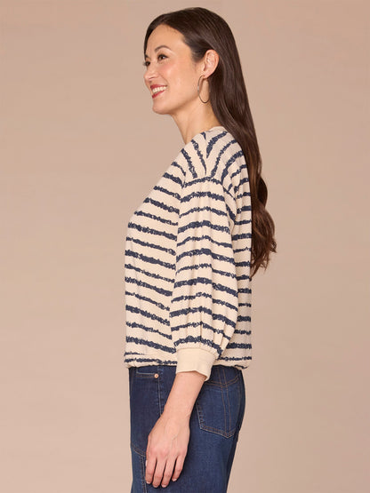Democracy Clothing Three Quartrer Sleeve V-Neck Tie Hem Knit Top with Jacquard Bands - Birch Burnt Henna|Celadon Black|Natural Ocean Teal
