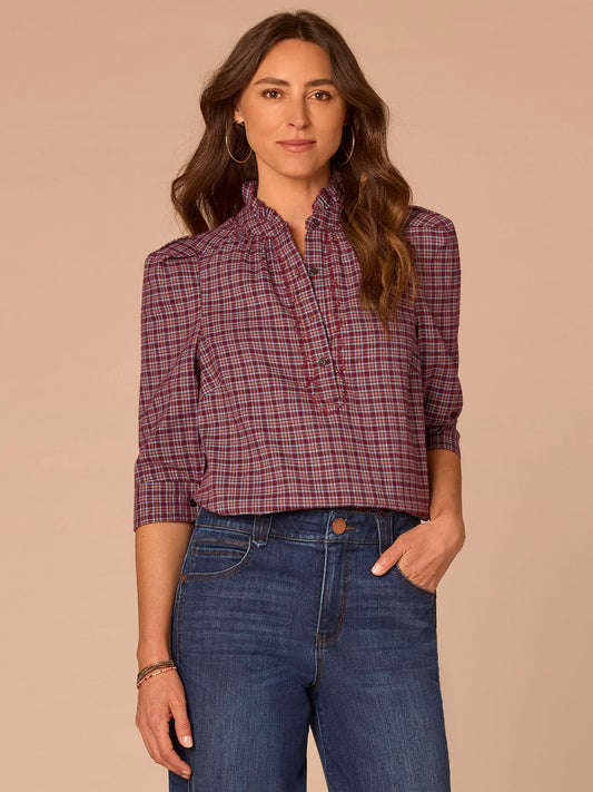 Democracy Clothing Three Quarter Cuffed Sleeve Ruffle Collar Plaid Print Woven Top - Plum Nile Blue Multi Plaid|Midnight Sapphire Multi Plaid