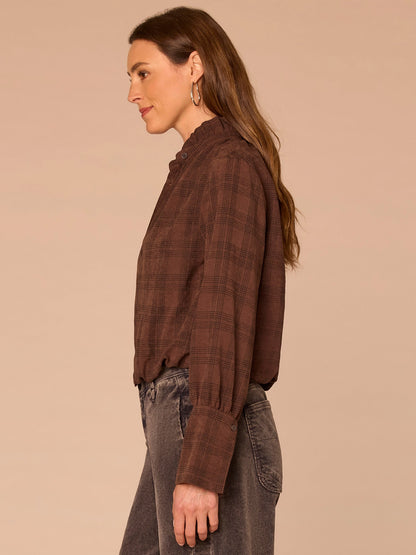 Democracy Clothing French Cuff Sleeve Hi-Low Neck Bubble Hem Plaid Petite Woven Suede Top - Dove Grey|Coffee Bean