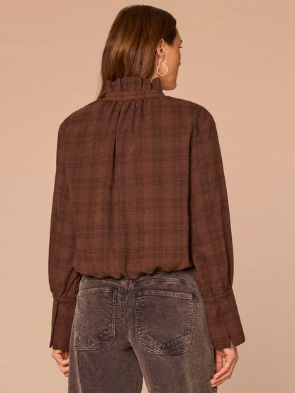 Democracy Clothing French Cuff Sleeve Hi-Low Neck Bubble Hem Plaid Petite Woven Suede Top - Dove Grey|Coffee Bean