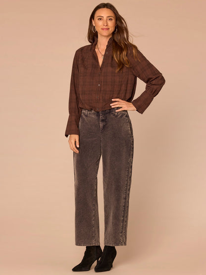 Democracy Clothing French Cuff Sleeve Hi-Low Neck Bubble Hem Plaid Petite Woven Suede Top - Dove Grey|Coffee Bean