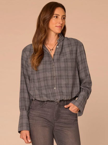 Democracy Clothing French Cuff Sleeve Hi-Low Neck Bubble Hem Plaid Petite Woven Suede Top - Dove Grey|Coffee Bean