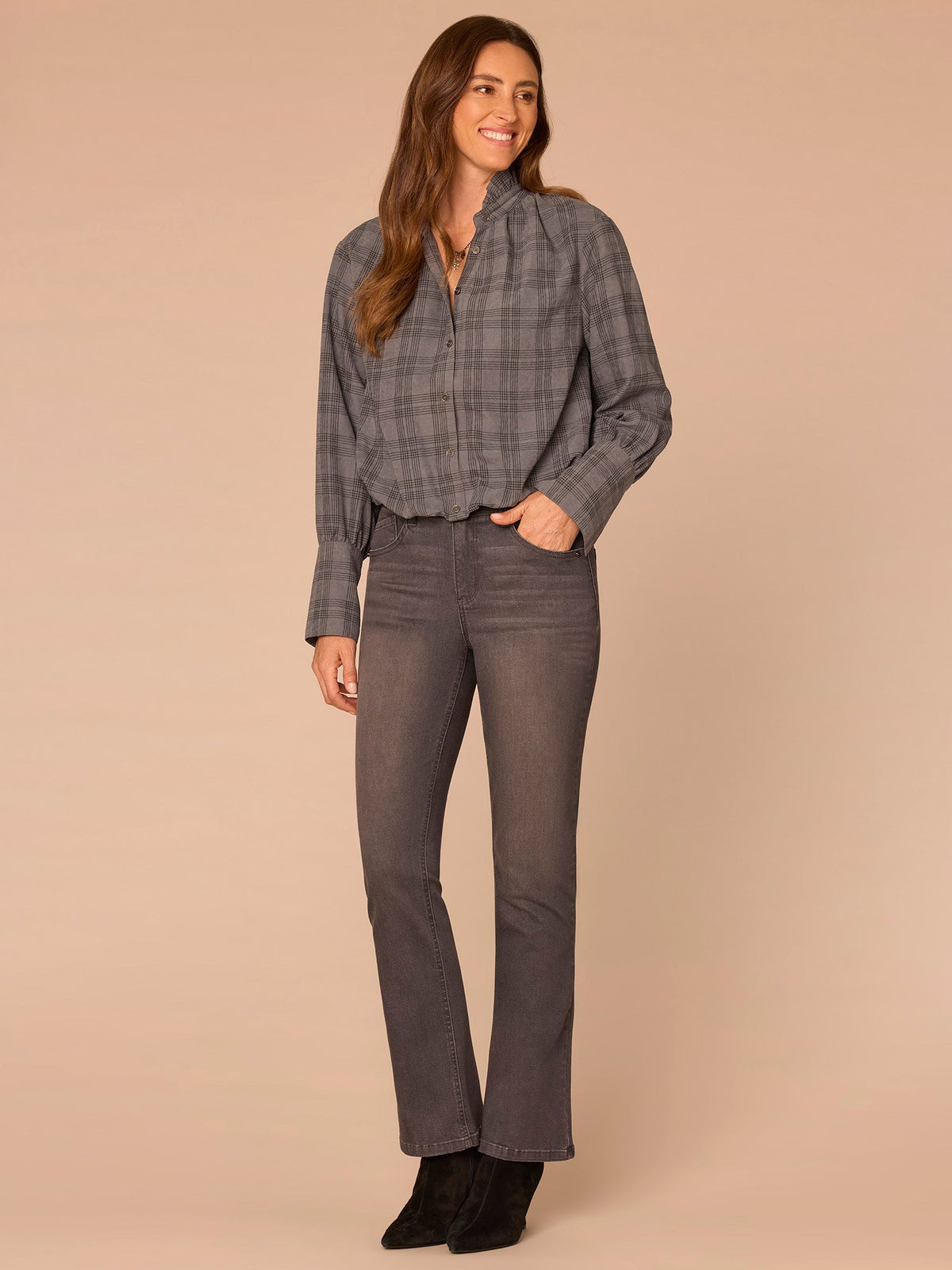 Democracy Clothing French Cuff Sleeve Hi-Low Neck Bubble Hem Plaid Petite Woven Suede Top - Dove Grey|Coffee Bean