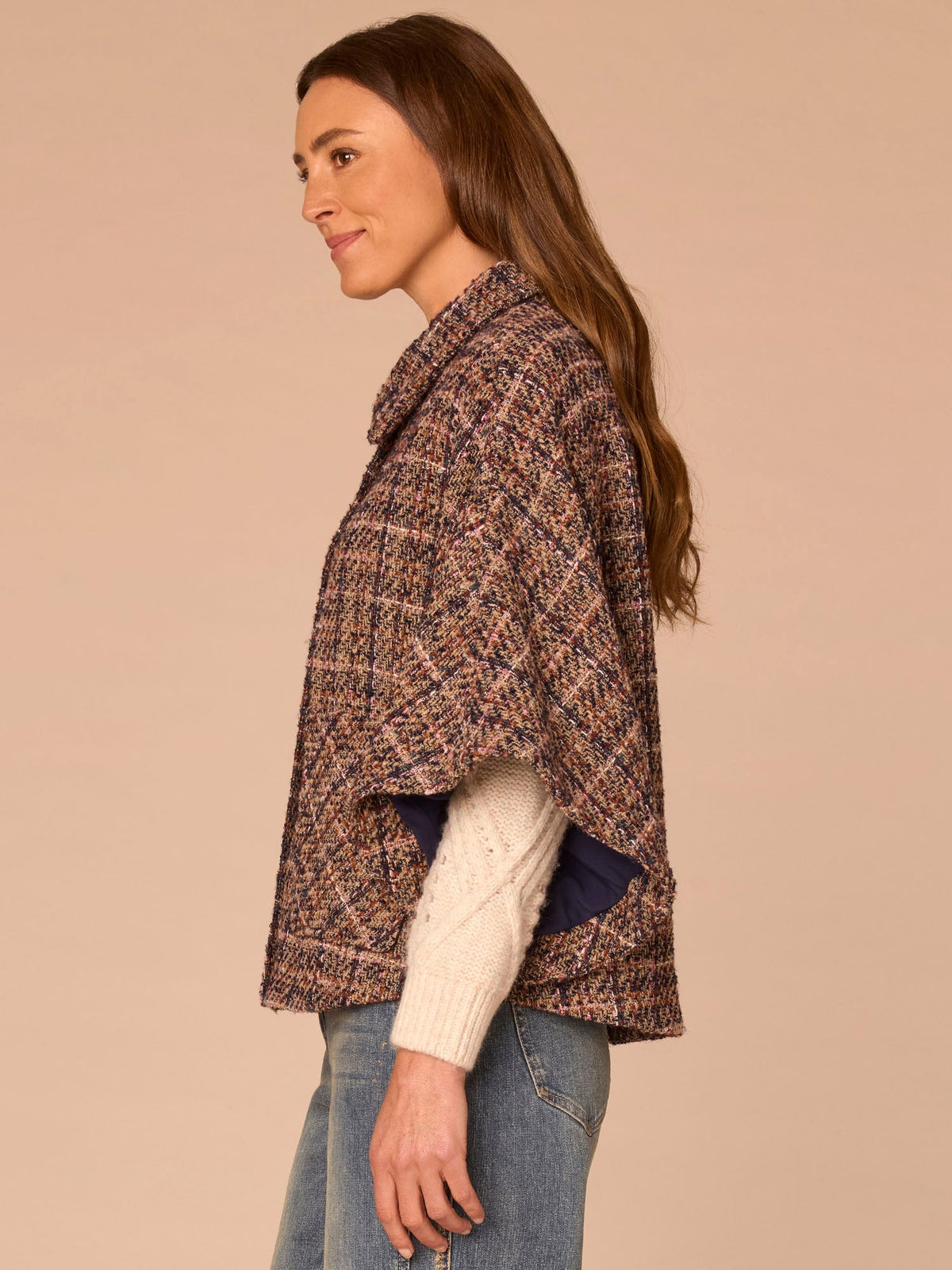 Democracy Clothing Wide Collar Patch Pocket Plaid Print Woven Capelet - Navy Bubble Gum