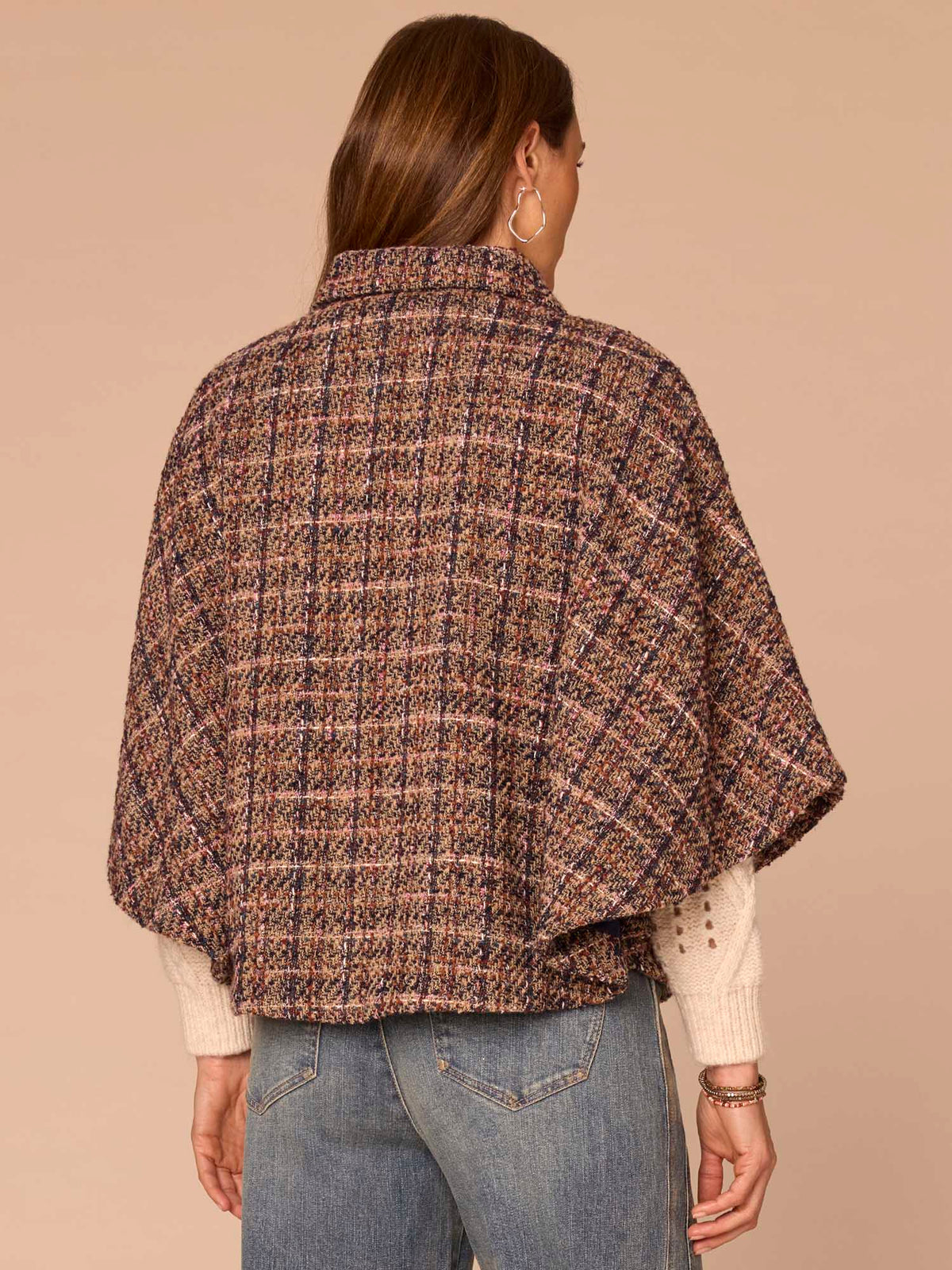 Democracy Clothing Wide Collar Patch Pocket Plaid Print Woven Capelet - Navy Bubble Gum