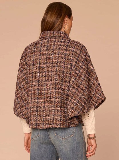 Democracy Clothing Wide Collar Patch Pocket Plaid Print Woven Capelet - Navy Bubble Gum