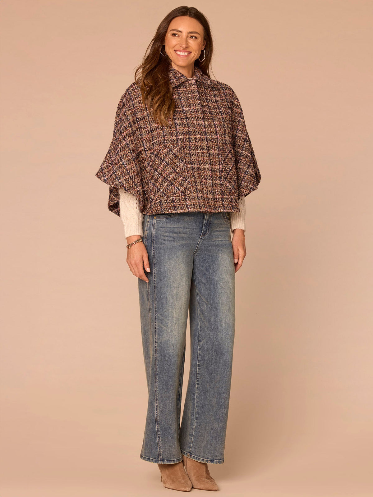 Democracy Clothing Wide Collar Patch Pocket Plaid Print Woven Capelet - Navy Bubble Gum