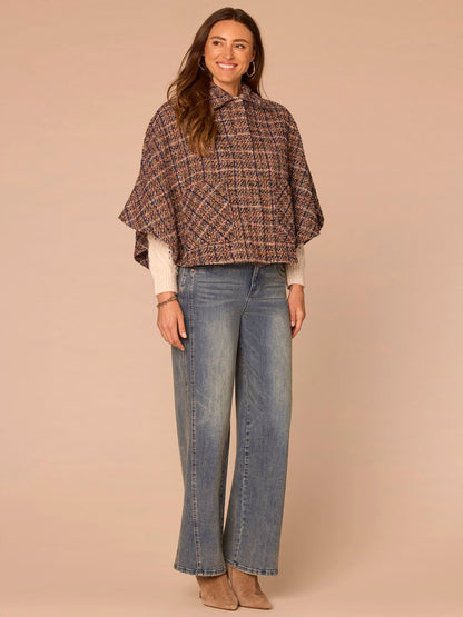 Democracy Clothing Wide Collar Patch Pocket Plaid Print Woven Capelet - Navy Bubble Gum