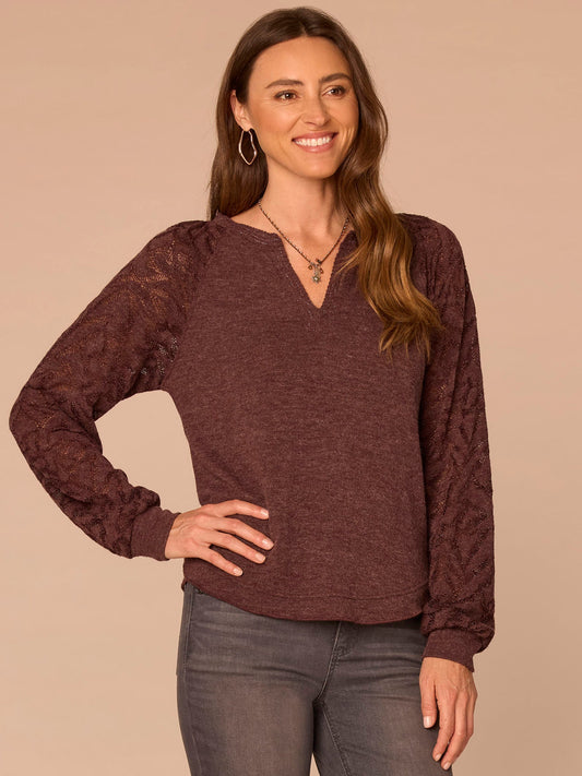 Democracy Clothing Long Sleeve Mandarin Collar Half Placket Mixed Media Petite Knit Top - Heather Oxblood|Heather Jungle Moss|Heather Black