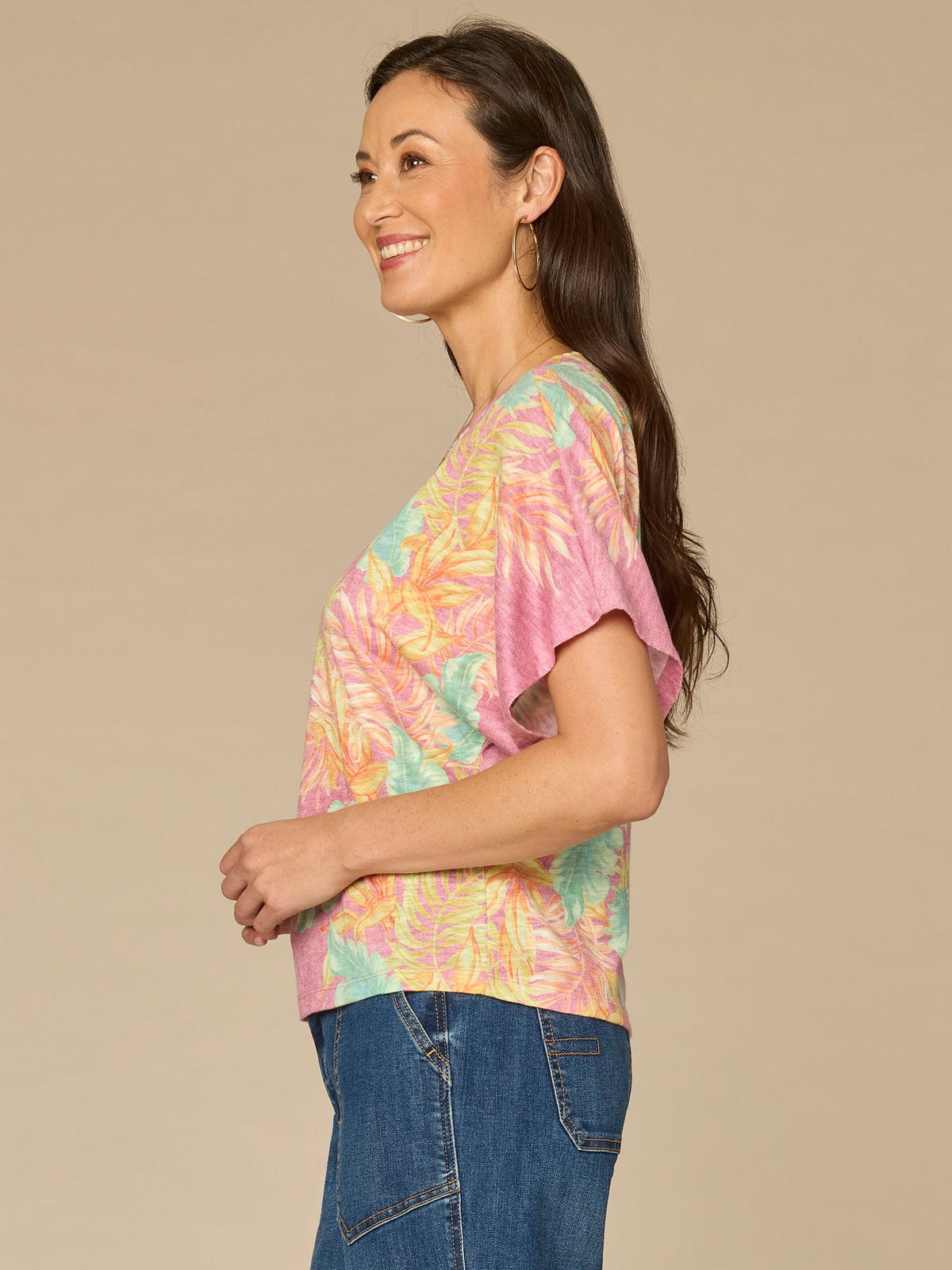 Democracy Clothing Short Dolman Sleeve Scallop Scoop Neck Placement Print Petite Knit Top - Wild Mulberry Multi Print