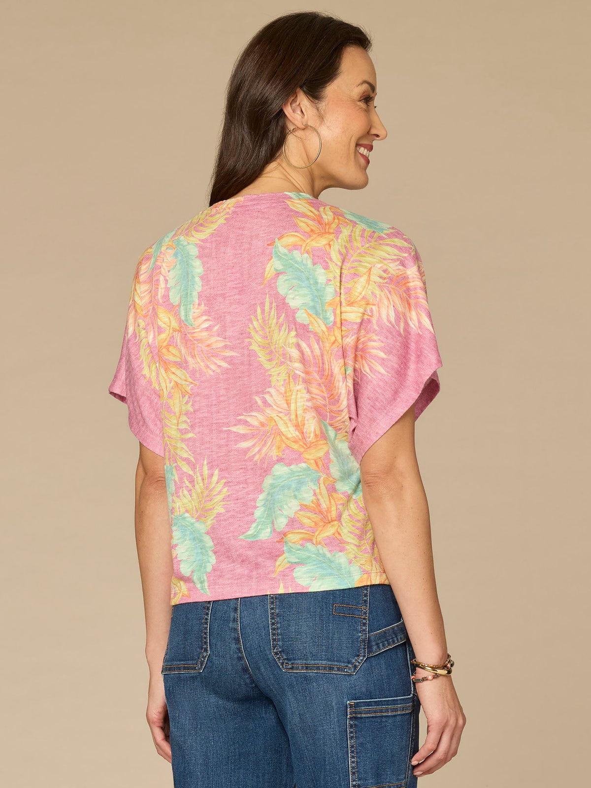 Democracy Clothing Short Dolman Sleeve Scallop Scoop Neck Placement Print Petite Knit Top - Wild Mulberry Multi Print
