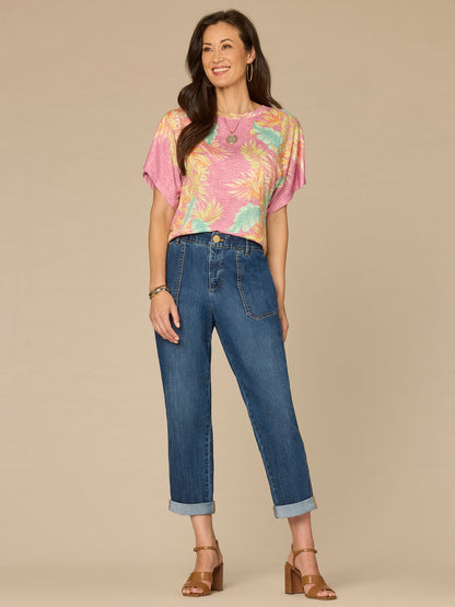 Democracy Clothing Short Dolman Sleeve Scallop Scoop Neck Placement Print Petite Knit Top - Wild Mulberry Multi Print
