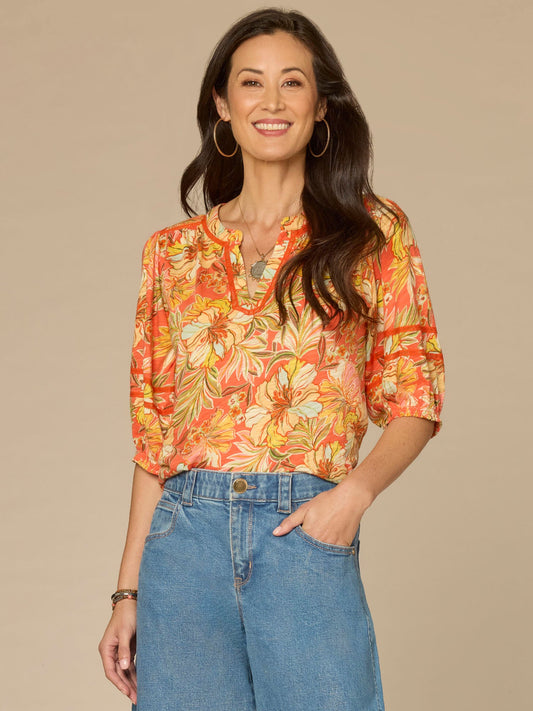 Democracy Clothing Blouson Sleeve Mandarin Collar Half Placket Printed Petite Knit Top - Deep Coral Floral Multi