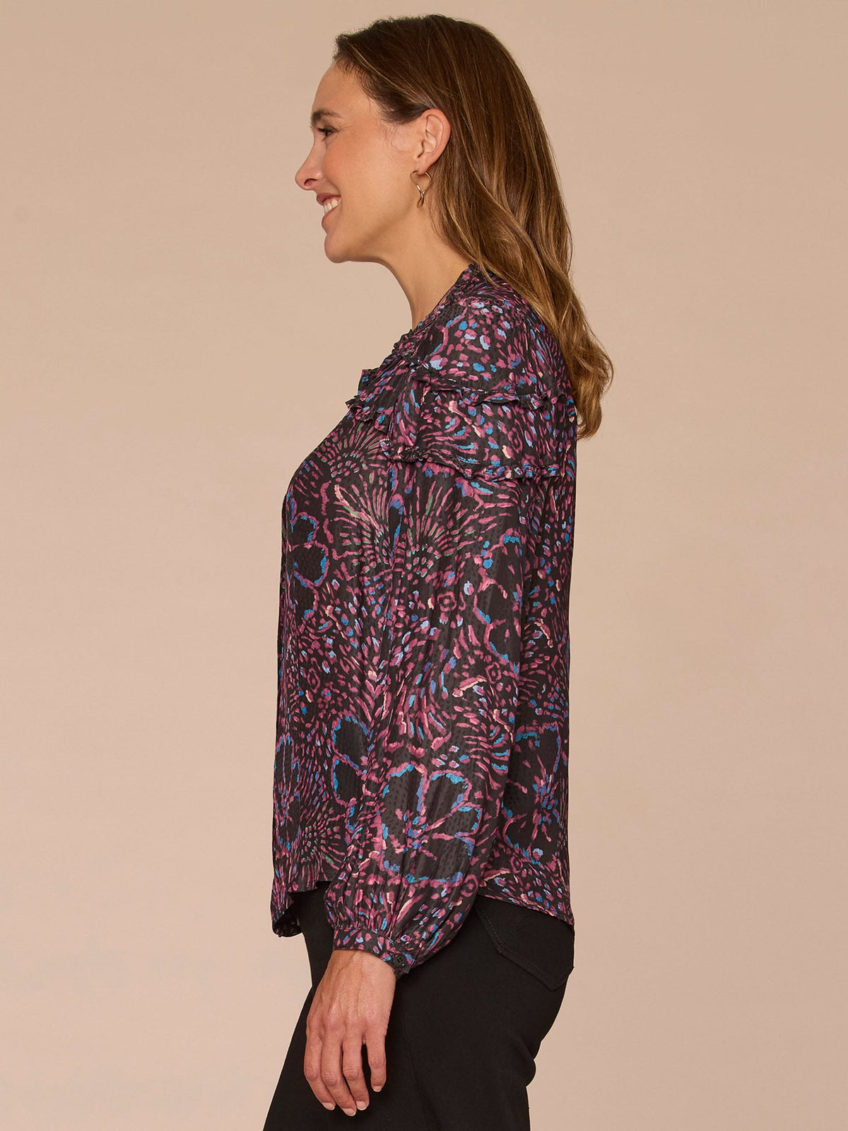 Democracy Clothing Long Sleeve Stand Collar Ruffle Detail Button Down Printed Woven Top - Black Multi Print