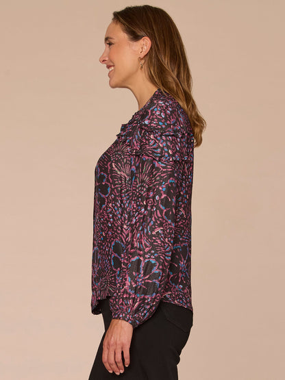 Democracy Clothing Long Sleeve Stand Collar Ruffle Detail Button Down Printed Woven Top - Black Multi Print