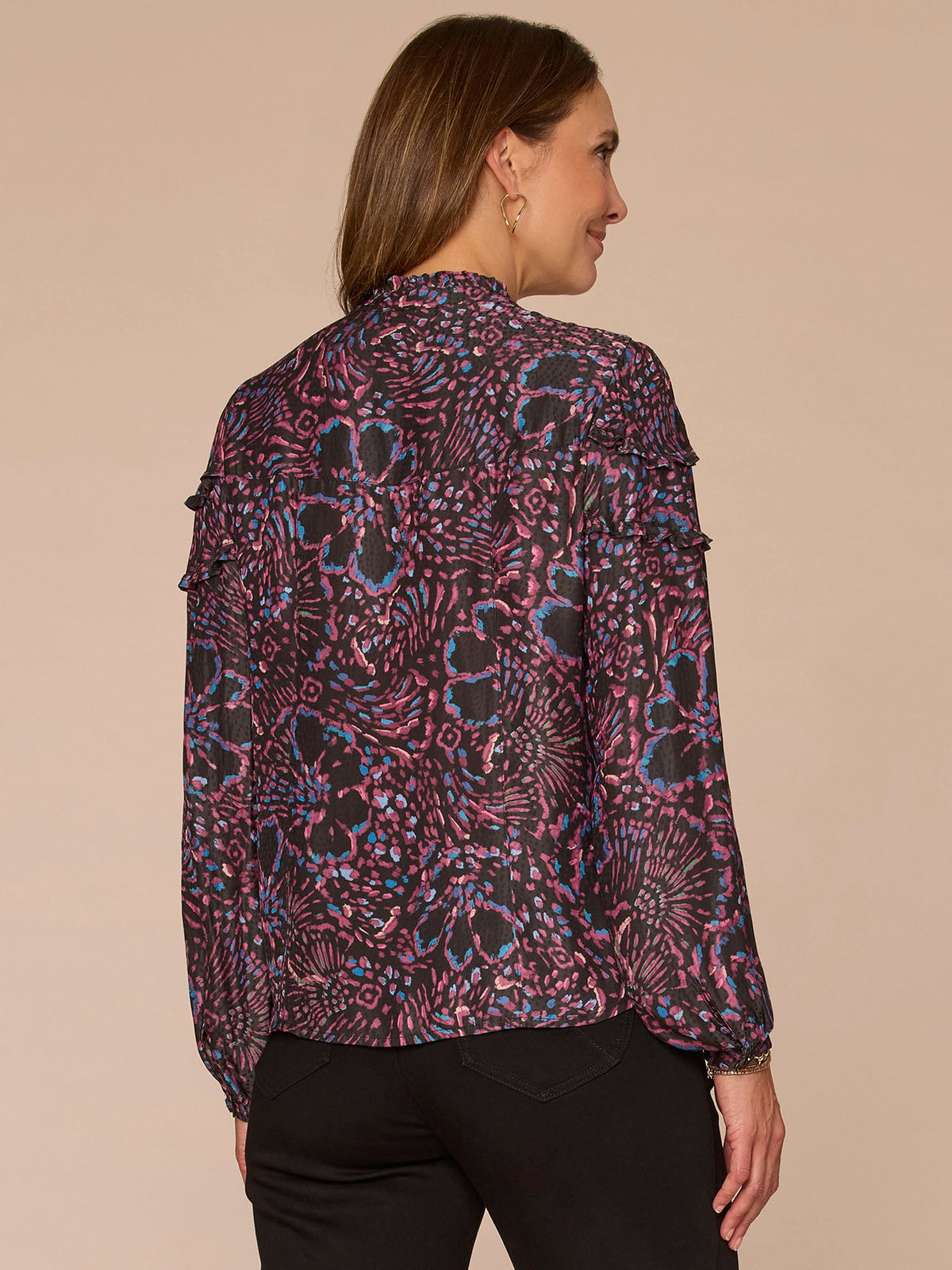 Democracy Clothing Long Sleeve Stand Collar Ruffle Detail Button Down Printed Woven Top - Black Multi Print