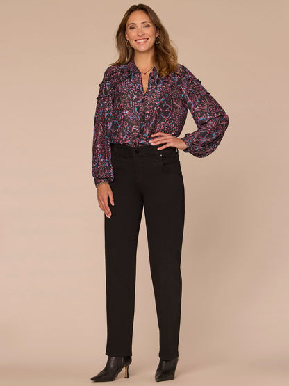 Democracy Clothing Long Sleeve Stand Collar Ruffle Detail Button Down Printed Woven Top - Black Multi Print